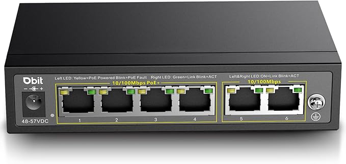 DBIT 6-Port Ethernet PoE Switch with 4 Ports PoE+, 2 Fast Ethernet Uplink, 10/100Mbps, 63W High Power, Support IEEE802.3af/at, Fanless Metal Plug & Play PoE+ Network Switch (WS1042A)