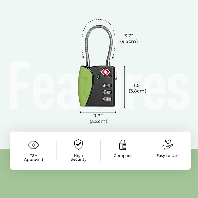 pack all TSA Approved Cable Luggage Locks, 3 Digit Combination Padlocks, Travel Lock for Suitcases & Bag, Alloy Body, Travel Accessories (1 Pack)（Apple Green）