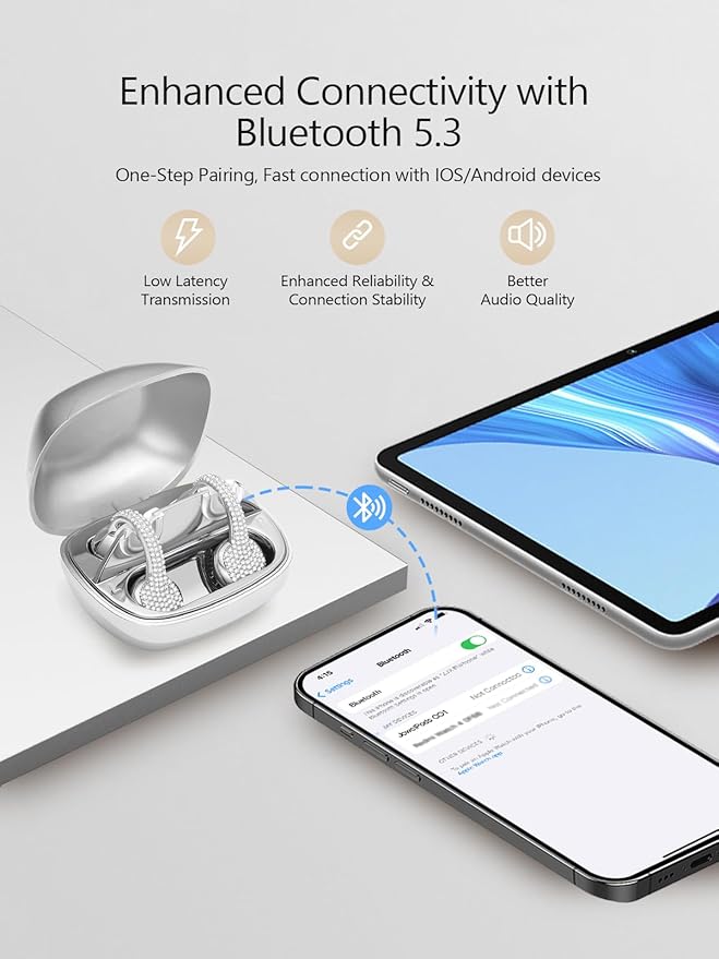 JewelPods C01 Wireless Earbuds,Open Ear Earbuds Jewelry-Inspired Designs Metal Clip-on,Excellent Spatial Audio,Sweat and Water Resistant,72H Play,White Gold