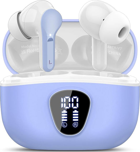 Wireless Earbuds, Bluetooth 5.4 Headphones HiFi Stereo, Bluetooth Earbuds with ENC Noise Cancelling Mic, IP7 Waterproof in Ear Earphones, 48H, LED Display Ear buds for Pad Phones Workout, White Purple