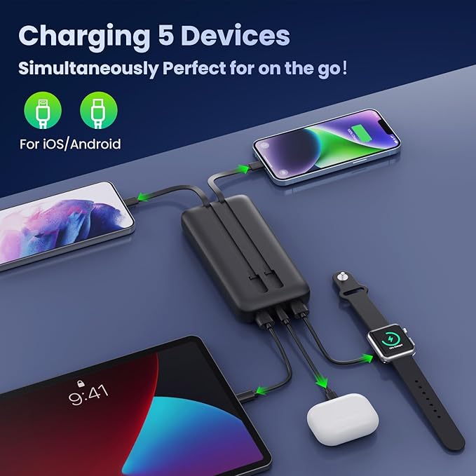 Portable Charger PowerBank 40,800mAh with 2 Built-in Cables,25W PD Fast Charging +QC 4.0 Quick Phone Charging Power Bank, 5 Outputs LCD Display USB C Battery Pack for iPhone 16/15 Android Galaxy etc