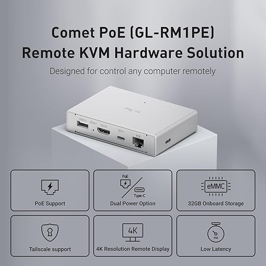GL.iNet Comet PoE (GL-RM1PE) Remote KVM Control Over Internet - PoE/Type - C Dual Power Option 4K@30Hz,32GB EMMC Tailscale Support for PC Server Remote Access Power Management Adapted KVM Switches
