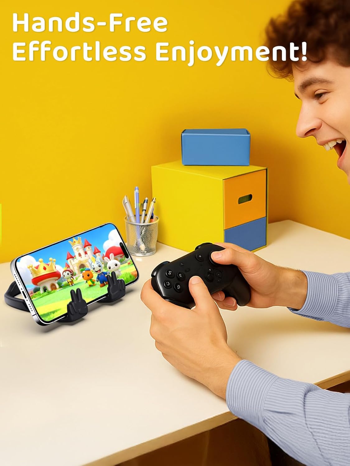 Stocking Stuffers for Teens Girls Boys Kids Cell Phone Stand: 2 Pack Upgrade Adjustable Peace Sign Thumbs Lazy Phone Holder for Desk Cool Gadgets Birthday Gifts for Women Men Adults (Black&White)