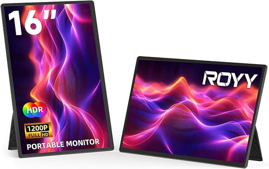 ROYY Portable Monitor Screen Extender - 16 inch 1200P FHD USB-C HDMI Computer Display Gaming IPS with Stand HDR Travel External Monitor for Laptop PC Phone Mac Switch