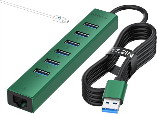 7 Ports USB 3.0 Hub, USB to Network HUB with 3.9ft Long Cable for Laptop, USB Splitter with Gigabit Ethernet Port and 5V/3A Power Port, MultiPort Aluminum Hub for iMac, PC, Flash Drives (Green)