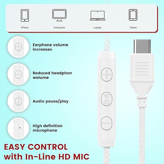 USB C Headphones Wired, Over Ear USB C Wired Headphones with Microphone, Volume Control, HD Stereo Sound, Foldable USB Type C Headphones for Adult/Teens/Chromebook/Laptop/Computer/iPhone,White