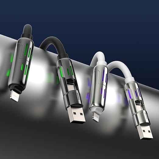 MFish 240W 4-in-1 Universal USB Charging Cable [2 Pack, 6.6ft] – Fast Charger Cord with USB-A, Dual USB-C & Lighting, for iPhone 14/15/16/17 Series, iPad & MacBook & More (2PACK, Black+White, 6.6Ft)