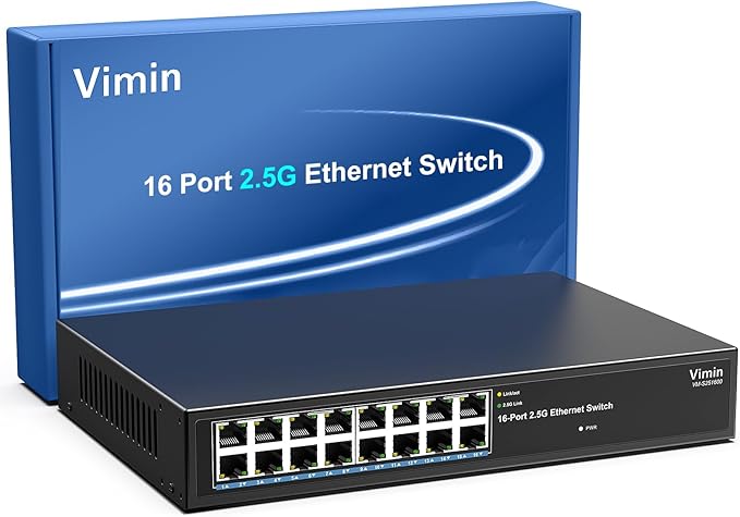 2.5G Switch Unmanaged, Vimin 16 Port 2.5GB Base-T Ethernet Switch, 2.5Gb Network Switch Plug & Play, Compatible with 10/100/1000/2500Mbps, Metal Housing, Fanless, for 2.5Gbps NAS, Wireless AP & PC