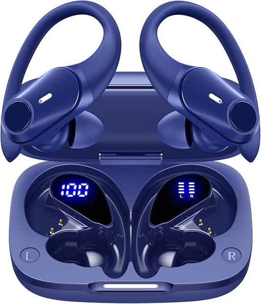 GOLREX Active Noise Cancelling Ear Buds Wireless Earbuds Bluetooth Headphones with 80H Playtime LED Display Charging Case, Over Ear Earphones with Hooks for Sports Running Gym Workout Blue