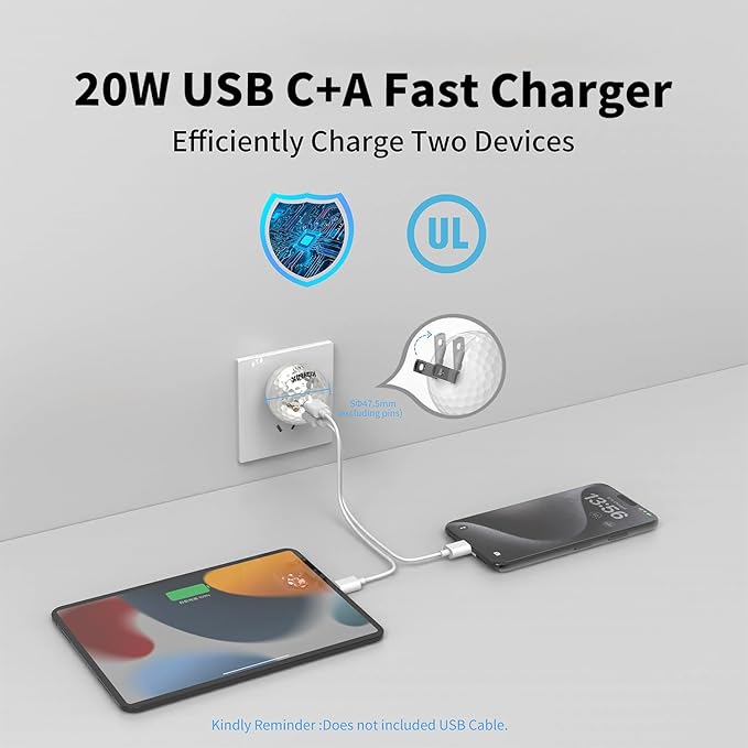 20W Dual Port Creative Golf Ball Charger Block， GaN III Power Adapter Fast Wall Charger with UL Certified, Fast Charging for iPhone 16/16 Pro/16 Pro Max/16 Plus/15/14/13/12, Galaxy, iPad, Airpods