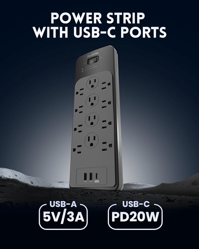 PLUGTUL Surge Protector Power Strip 5FT(4080J), Black Surge Protector with 12 Outlets - Spacious Design for Large Plugs, Flat Plug, 20W USB C Charging for Home, Office, ETL Listed