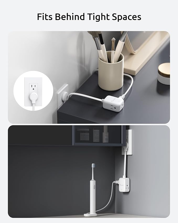 Short Extension Cord 6 Inch, ETL Listed, Flat Outlet Extender with 900J Surge Protector, 15A/1875W, 3 Way Multi Plug Outlet Splitter for Kitchen Bathroom Office Tight Spaces, White