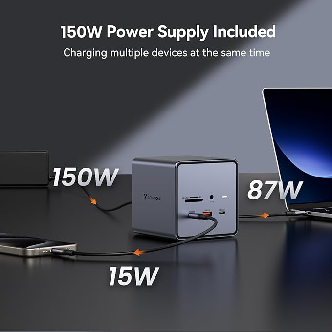TobenONE USB C Docking Station Dual/Triple Monitors with 150W Power Adapter for Dell/HP/Lenovo/Surface/Asus/Chromebook, 2 HDMI, DP, 5 USB, Ethernet, SD 4.0/Micro SD