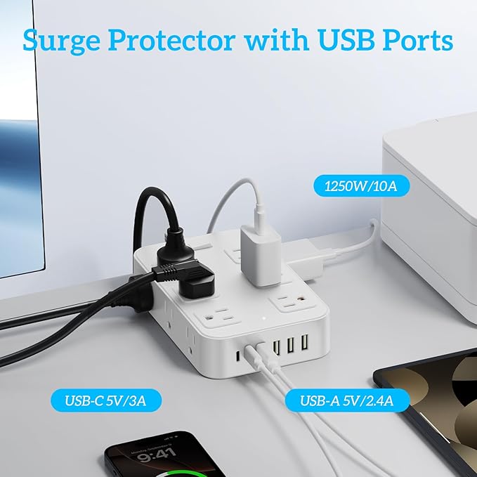 Flat Plug Power Strip Surge Protector with 12 AC Outlets 6 USB Ports 3 Side Multi Plug Outlet Extender 15 Ft Extension Cord for Home Office Kitchen Dorm Wall Desk Charging Station ETL Listed