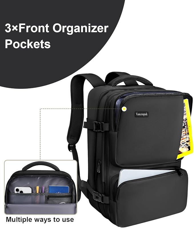 Vancropak Carry on Backpack, 47L Expandable Extra Large Travel Backpack with 3 Packing Cubes, Flight Approved Water Resistant Luggage Suitcase Weekend Duffle Bag Overnight Daypack for Men Women, Black