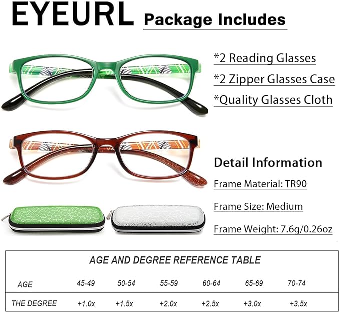 EYEURL Reading Glasses For Men Women - Blue Light Blocking Glasses Reduce Eyestrain - 2 Pack TR90 Frame Lightweight +1.0