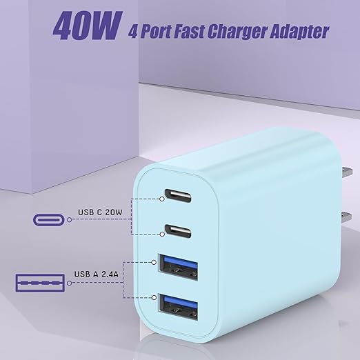 40W USB C Charger Block, [2 Pack] 4-prot USB Type C iPhone Fast Charging Brick, Multiport Apple Adapter for iPhone 17/17 Air/ 16 Pro/16 Pro Max/15/14/13/12, iPad Pro/iPad Air, iPad mini, iPad (Blue)