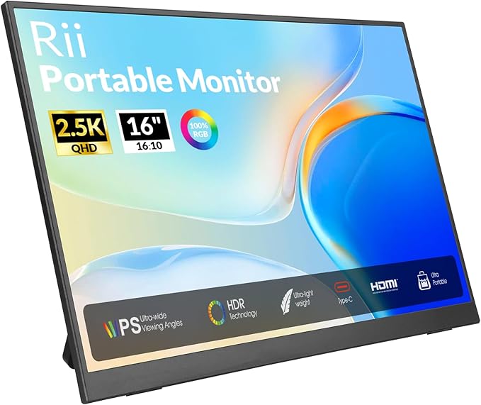 Rii Portable Gaming Monitor, 16" 144Hz QHD 2.5K 2560X1600 16:10 FreeSync 100% sRGB, IPS HDR USB-C HDMI Display, Travel Monitor for Laptop PC Phone Mac Game Console, VESA Mountable, with Kickstand