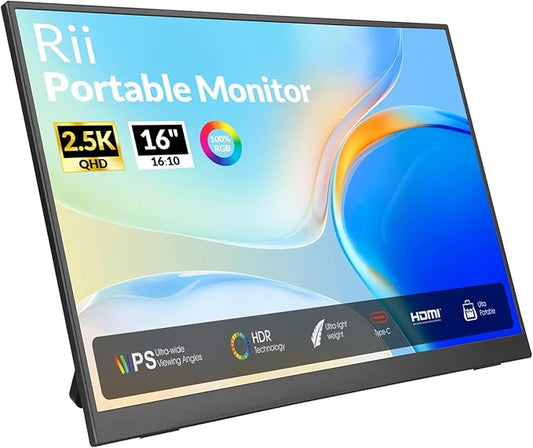 Rii Portable Gaming Monitor, 16" 144Hz QHD 2.5K 2560X1600 16:10 FreeSync 100% sRGB, IPS HDR USB-C HDMI Display, Travel Monitor for Laptop PC Phone Mac Game Console, VESA Mountable, with Kickstand