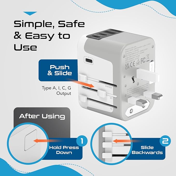 Ceptics 6 in 1 Universal Travel Adapter, Universal Outlet w/ 2X USB-A and 3X USB-C 6A, Travel Power Adapter for use in EU, UK, US, AU and More, Universal Plug for Mobiles, Laptops- UP-30KU-WH