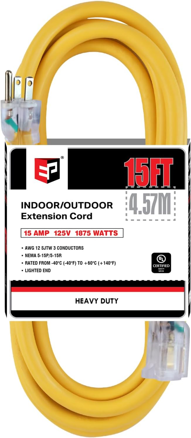 EP 15 ft Lighted Outdoor Extension Cord - 12/3 SJTW Heavy Duty Yellow Extension Cable with 3 Prong Grounded Plug - 15AMP Power Cord for Lawn, Garden, Appliances