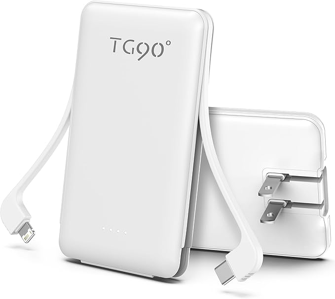 TG90° Portable Charger with Built-in Foldable AC Wall Plug and Cables,5000mAh Slim Power Bank USB C Battery Pack,3 Outputs Pocket Friendly Battery Charger Compatible with iPhone Android Smart Devices