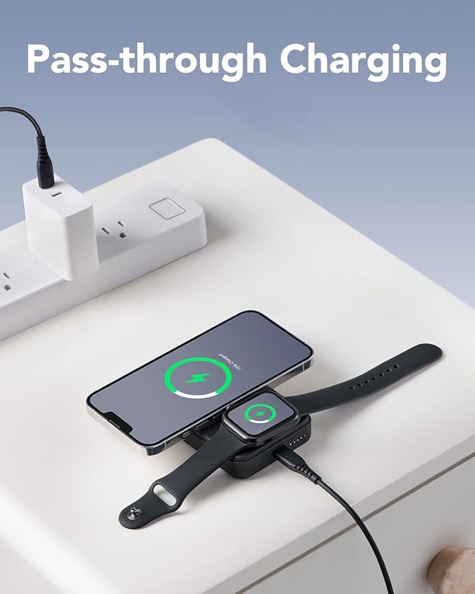 All-in-one 10000mAh MagSafe Compatible Battery Pack Portable Power Bank with Foldable Stand Magnetic Power Bank, Compatible with iPhone 17/16/15/14/13/12, Apple Watch and AirPods