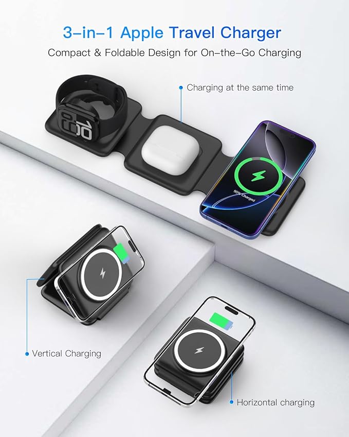 Magnetic Wireless Charger for iPhone: Fodable 3 in 1 Charging Station for Multiple Apple Devices - Travel Charging Pad Dock for Apple Watch iPhone 16 15 14 13 12 Pro Max Plus & Airpod