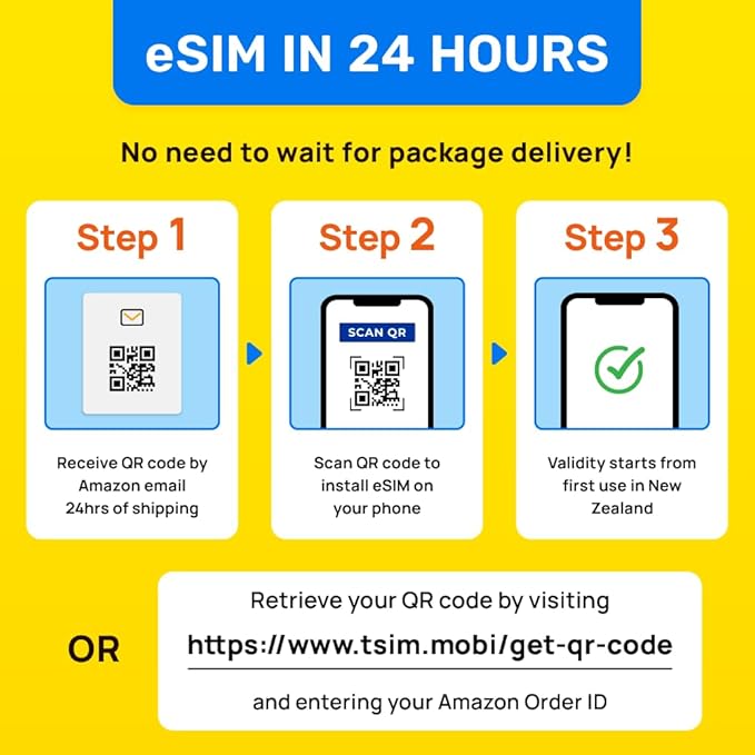 New Zealand eSIM | 20GB Super Saver Refillable Plan! QR Code Sent via Email in 24Hrs - Scan & Use Immediately | Auto Activating 30 Day Validity | 5G Speed + Hotspot | Data-Only No Phone Number
