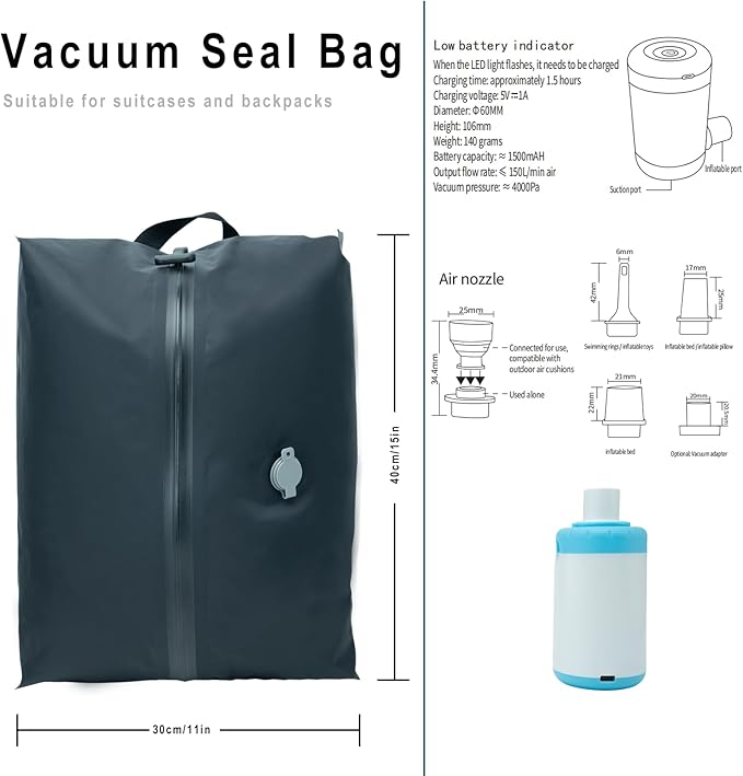 Travel Vacuum Bags with Pump,Reusable Space Saver Bags with IP67 Waterproof Zipper 17L Packing Cubes for Suitcase, Compression Bag Backpack,Luggage,Yoga,Swim,Beach(1PACK,Black)