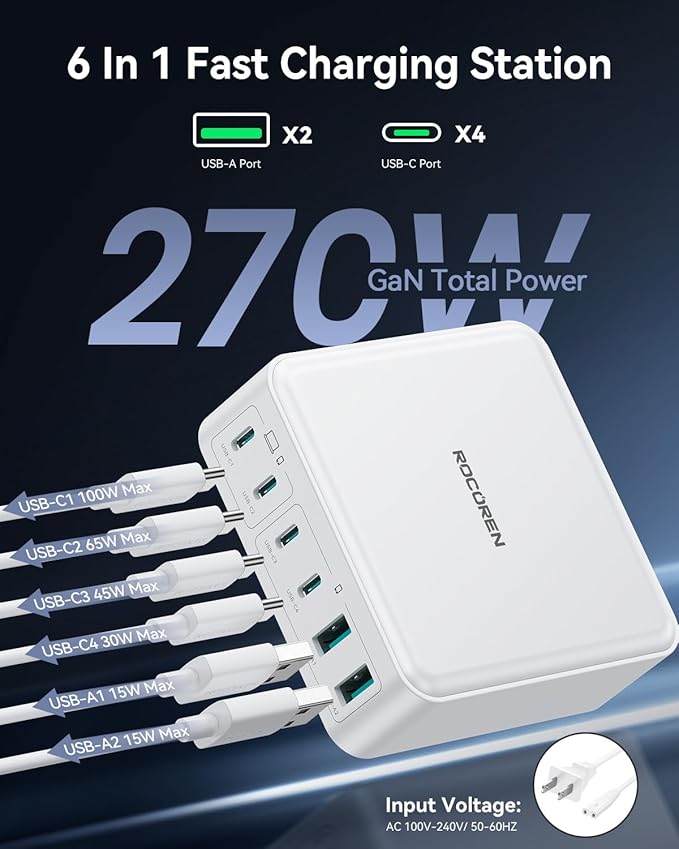270W USB C Charger Block, Rocoren 6 Port Multi USB-C Charging Station,100W PD Fast USBC Gan Charger Station Hub Dock for Multiple Devices, Laptop Type C for MacBook/iPhone 16/iPad/Galaxy S25