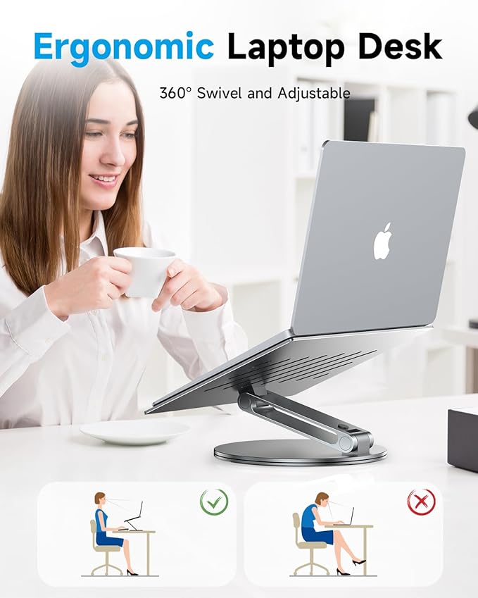Adjustable Laptop Stand for Desk, 360° Rotating Aluminum Computer Stand with Cooling Vents, Ergonomic & Foldable Notebook Riser, Compatible with MacBook Pro Air, Dell XPS, HP 10-16″ - Gray