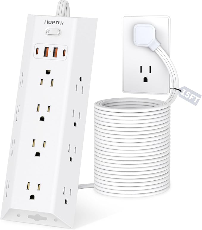 15FT Extension Cord - Surge Protector Power Strip, Long Cord with 12 AC Outlets & 4 USB Ports (2 USB C), Flat Plug Extension Cord, Wall Mount, Desk Charging Station for Office Home Room Essentials