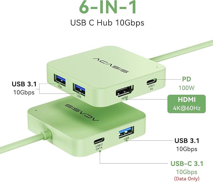 USB C Hub, Multiport Adapter with 4K@60 HDMI, 100W Power Delivery, 3 USB A+1 USB-C 3.1 Data Port, USB to HDMI Adapter for MacBook, Dell, Lenovo, Surface, iPad PRO, XPS (Green)