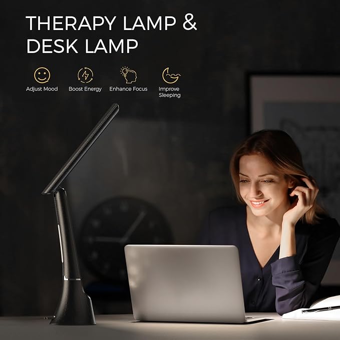 Light Therapy Lamp, 10000 LUX UV-Free LED Sunlight Light, Full Spectrum Mood Light Hayyp Lamp, Touch Control Desk Lamp with Night Light Function Work Office Home -Black
