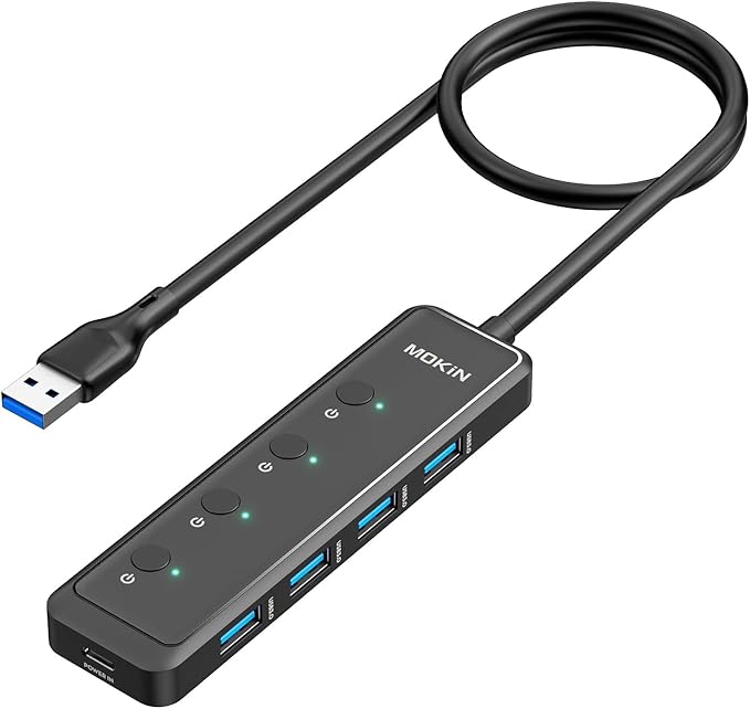 MOKiN USB 3.0 Hub, 5-Port Ultra Slim Data USB Extender with 4*USB A 3.0 Ports + USB C Power Port for Laptop, Chromebook, Dell Acer and More, 2FT Extended Cable…