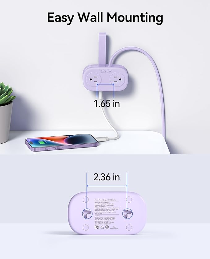 ORICO Purple Travel Power Strip PD20W with 4 AC Outlets 3 USB Ports (1 USB-C), 4FT Flat Plug Extension Cord, Compact Portable Design for Business Travel, Cruise Ship Essentials-AP3