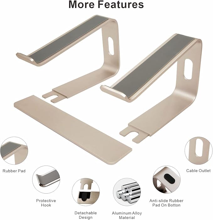 Ergonomic Aluminum Laptop Stand - Detachable Mount Compatible With MacBook Pro/Air, HP, Lenovo, Samsung, Huawei - All 10-17.3" Laptops (Gold)