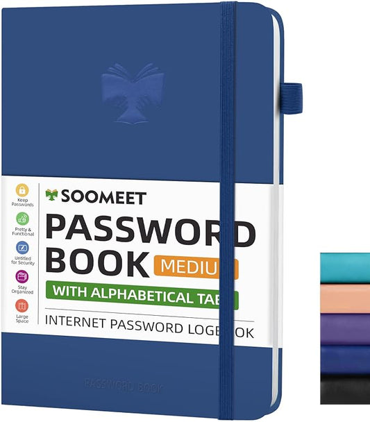 Password Book with Alphabetical Tabs, Hardcover Password Keeper, A5 Size 8.3"x6" Password Notebook for Saving Internet Login, Username, Password Organizer for Computer & Website Logins, Blue