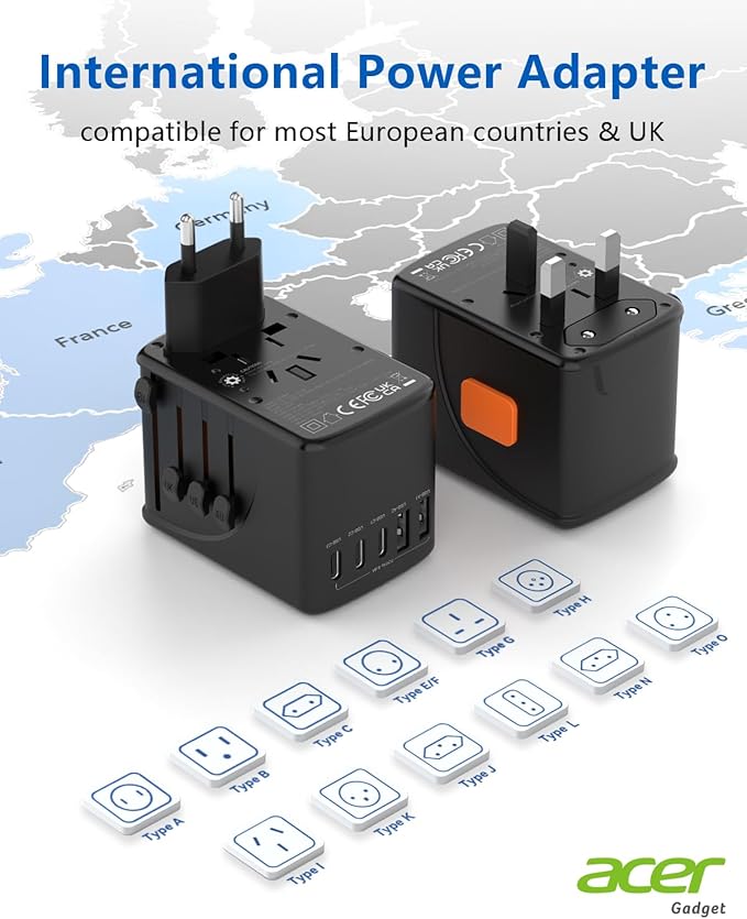 Acer Universal Travel Plug Adapter - International Power Adapter with 5 USB Ports (3 USB C) 5.8A, Worldwide Outlet Charger for USA to European UK France Germany Spain, Type C/E/F/G/I/L/A, Black