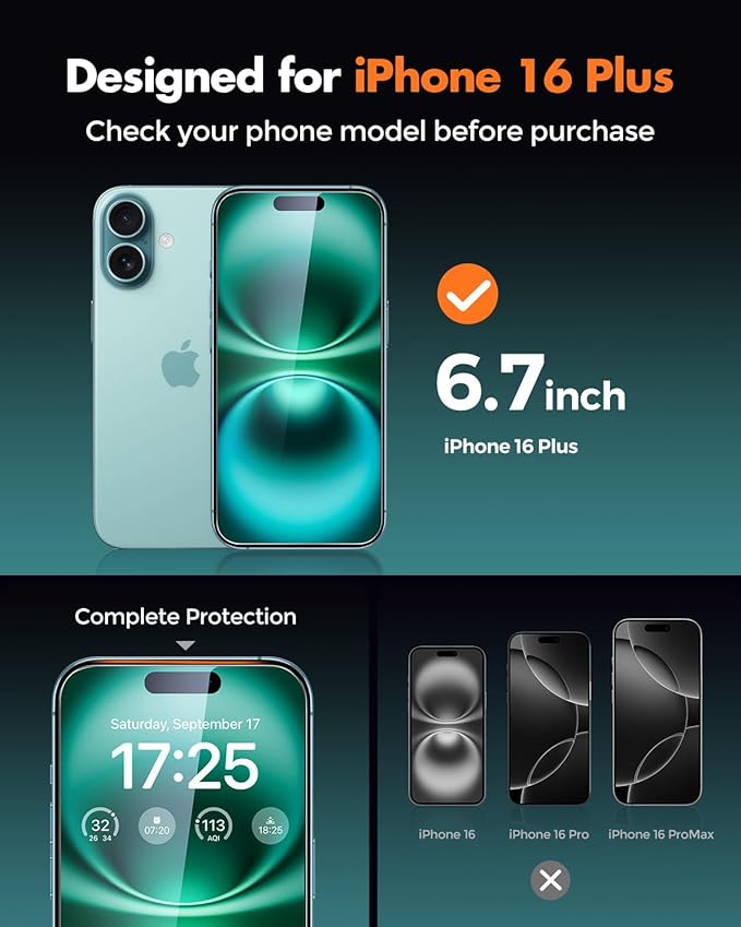 UNBREAKcable 3-Pack Screen Protector for iPhone 16 Plus, Double Shatterproof Tempered Glass [Easy Installation Frame] [9H Hardness] [99.99% HD Clear] [Case Friendly] for iPhone 6.7 inch