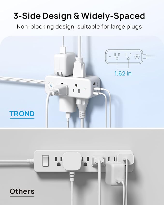 TROND 360° Rotating Flat Plug Power Strip, 6 Widely Spaced Outlets, 2 USB A and 1 USB C, 1440J Surge Protector, Wall Mountable, Extension Cord 5ft for Home Travel Office Dorm Room Essentials, White