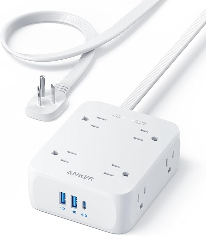 Anker Surge Protector Flat Plug Power Strip 2000J, 10ft Thin Extension Cord, 8 Outlets,2 USB A and 1 USB C Port,20W for iPhone15,Wall Mount,Compact for Home,Office,Room,TUV Listed