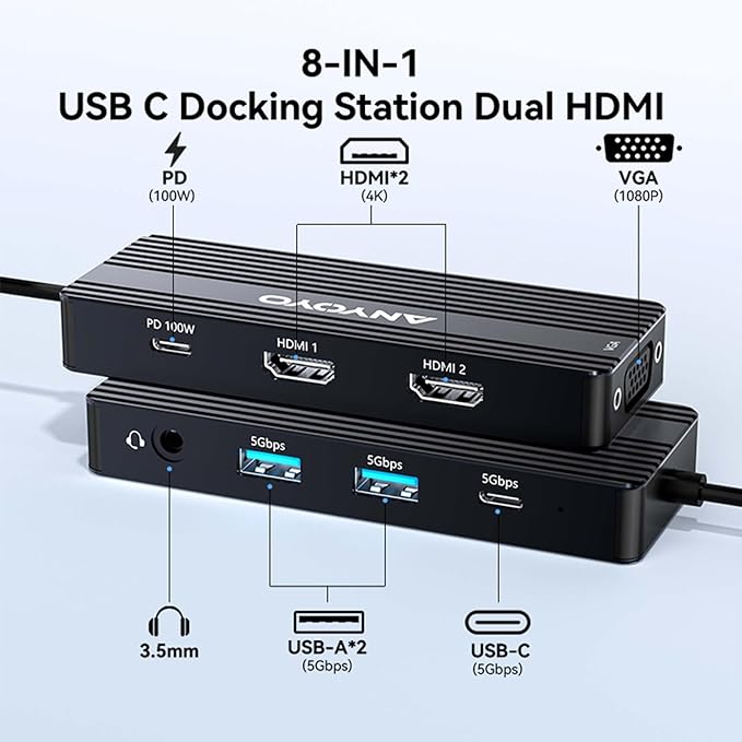 ANYOYO USB C Docking Station Dual HDMI Monitor Adapter 8-in-1 USB C HUB 3 Monitors Adapter with 4K HDMI +VGA +PD100W+Audio Laptop Docking Station for Dell/Lenovo/HP/Samsung/ASUS (Black)