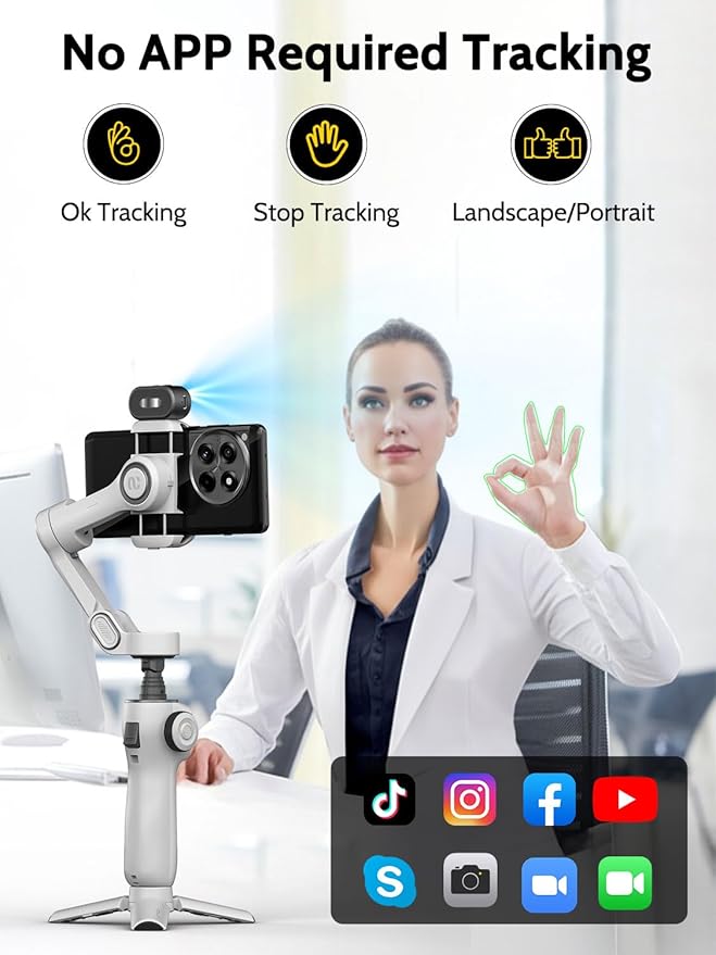 AOCHUAN Gimbal Stabilizer for Video Recording, Smartphone 3-Axis Smartphone Gimbal with AI Tracking Sensor for Vlogging,7.8' Extension Rod,Trigger Button,YouTube Tiktolk(Smart V8 AI White)