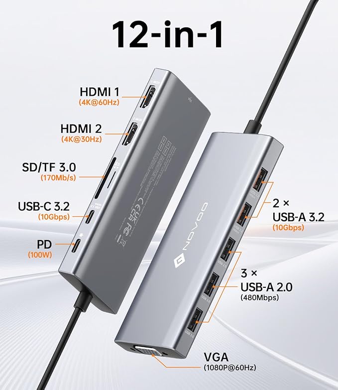 NOVOO USB C Docking Station Dual Monitor, 12-in-1 USB C Hub with HDMI 4K, VGA, USB 10Gbps, SD/TF, 100W PD, Multiport Adapter Compatible with MacBook Dell HP Surface