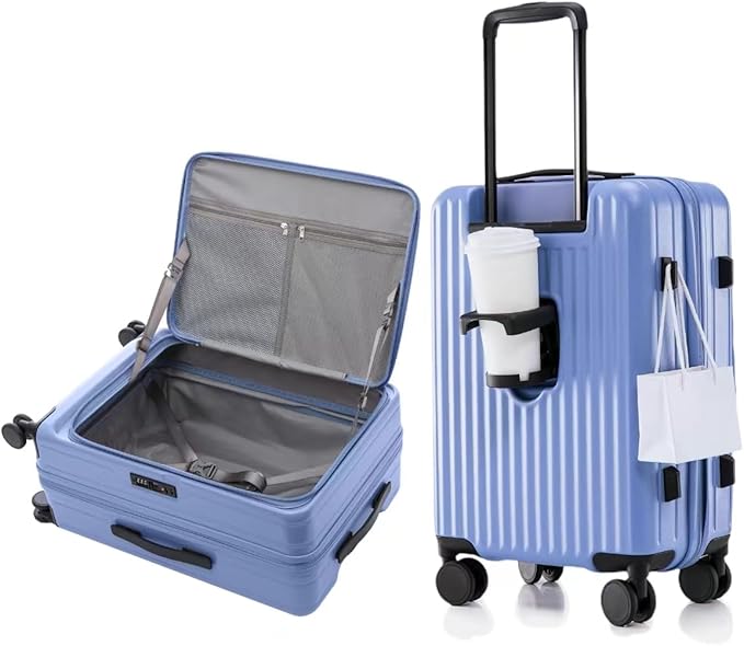 HotWay 26 Inch Expandable Checked Luggage with Cup Holder, Hardside TSA Approved Luggage with Spinner Wheels, Top Opening Suitcase For Travel, Blue