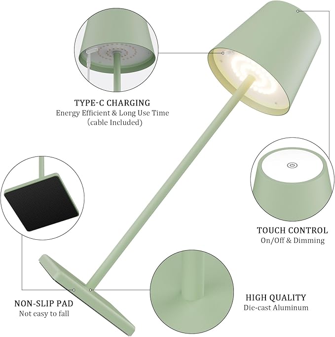 2-Pack LED Cordless Table Lamp, Rechargeable Battery Desk lamp 3W 5500mAh Battery Operated Stepless Dimming Modern Portable Table Light for Restaurant/Bedroom/Outdoor IP54 Waterproof (Green)