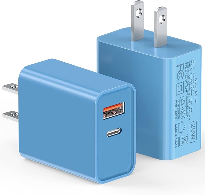 [20W/2Pack] Fast Charger Block, USB C Wall Charger, Charger Cube, Dual Port PD Fast Charging Block Brick Compatible for Watch Series 10 iPhone 16 17 Pro Max Airpod Brick Plug Power Adapter, Blue