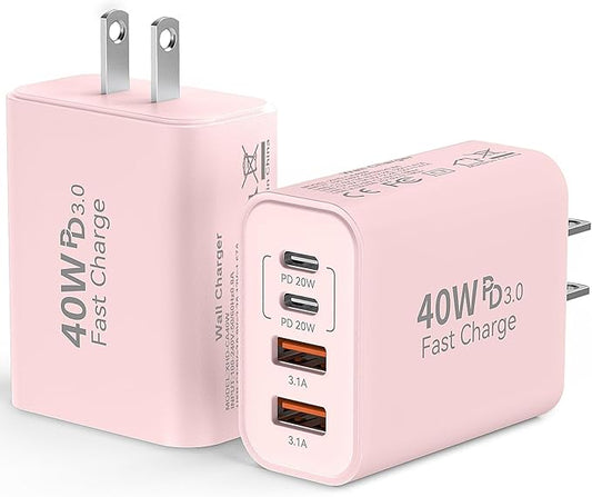 USB C Wall Fast Charger Block, 40W 4-Port Type C Chargers Fast Charging Blocks PD Power Charger Adapter+QC 3.0 USB Multiport Charger Brick for Phone 17/16/15/14/13/12 Pro Max, i-Pad, Galaxy S25-2Pack